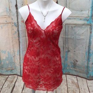 Victorias Secret Womans Medium Red Lace Mesh Sheer Lingerie Spaghetti Strap